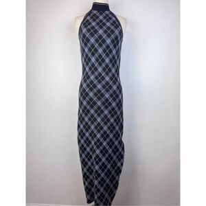 Free People Sz L Saylor Sleeveless Midi Dress Plaid Bodycon Black High Neck